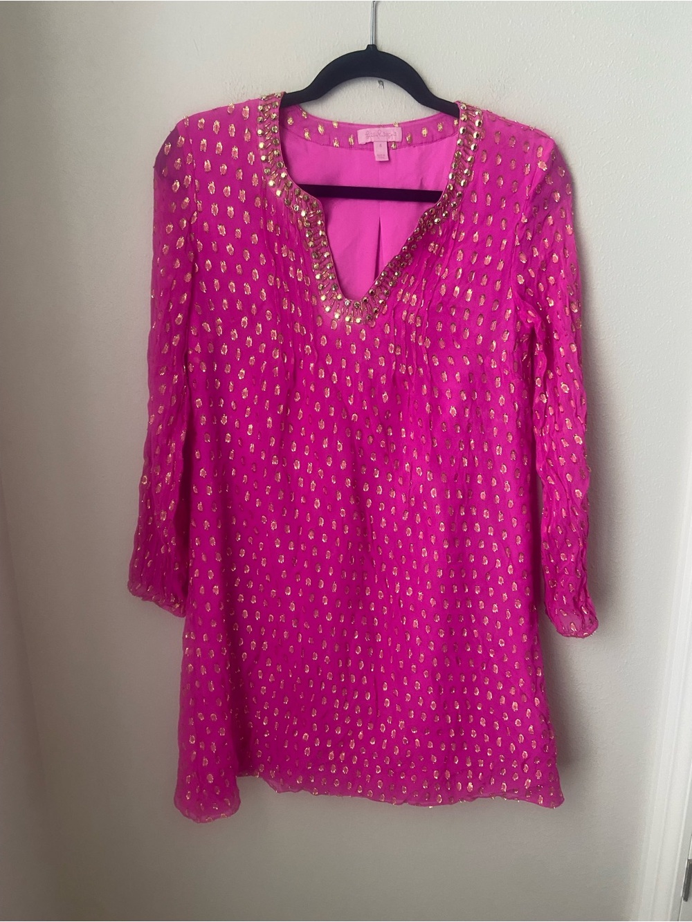 Lilly Pulitzer Amory Pink Gold Metallic Silk Beaded Shift Dress Size 4